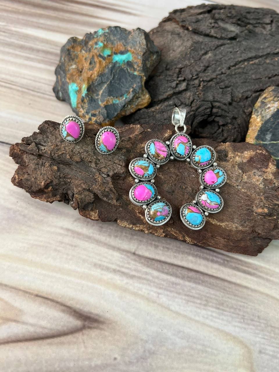 Handmade Sterling Silver Cotton Candy Earrings and Naja Pendant Set Signed Nizhoni