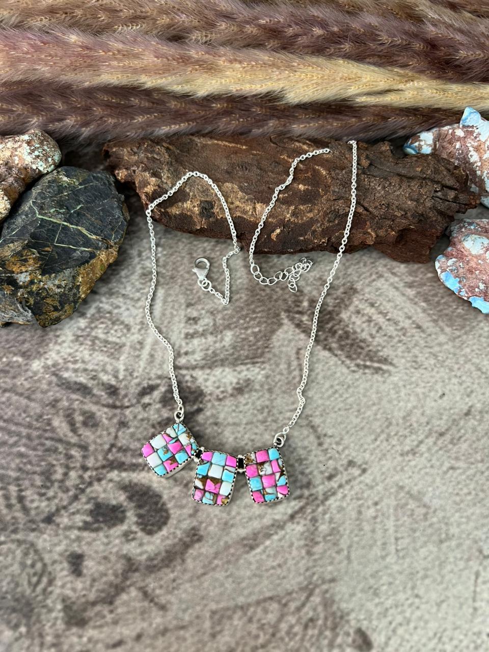 Handmade Sterling Silver Cotton Candy Cobble Stone Necklace "Signed Nizhoni"
