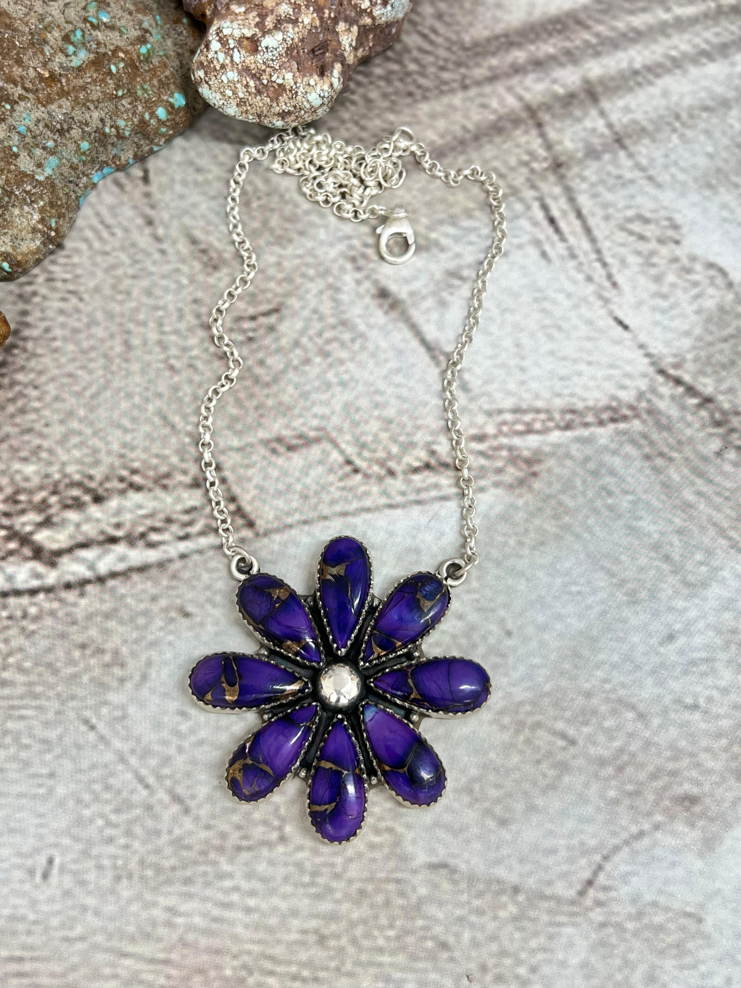 Handmade Sterling Silver Grape Dahlia Necklace with Signed Nizhoni
