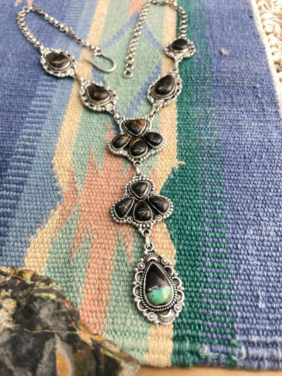 Handmade Sterling Silver Blackjack Turquoise Necklace "Signed Nizhoni"