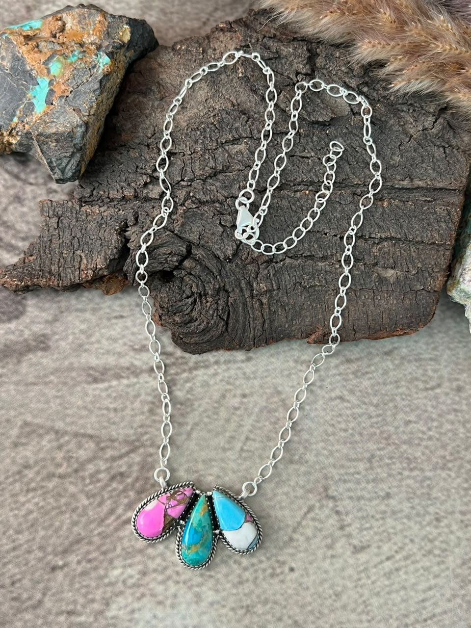 Handmade Sterling Silver Cotton Candy with Kingman Turquoise Necklace Signed Nizhoni