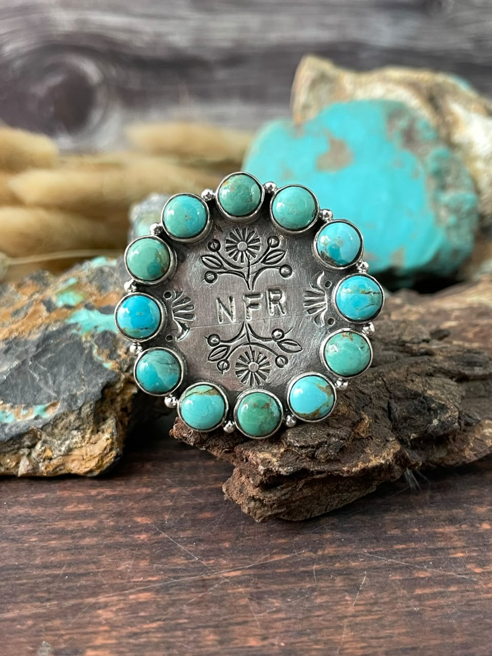 Handmade Sterling Silver Kingman Turquoise NFR Collection: Adjustable Ring Signed Nizhoni