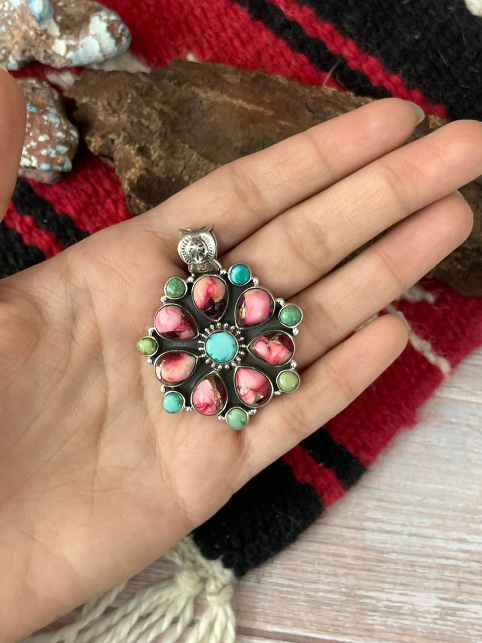 Handmade Sterling Silver Dahlia Rose with Emerald Valley Turquoise Pendant "Signed Nizhoni"