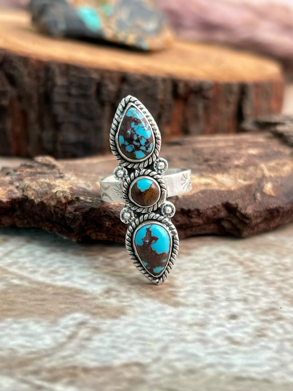 Handmade Sterling Silver Egyptian Turquoise Collection: Adjustable Ring Signed Nizhoni