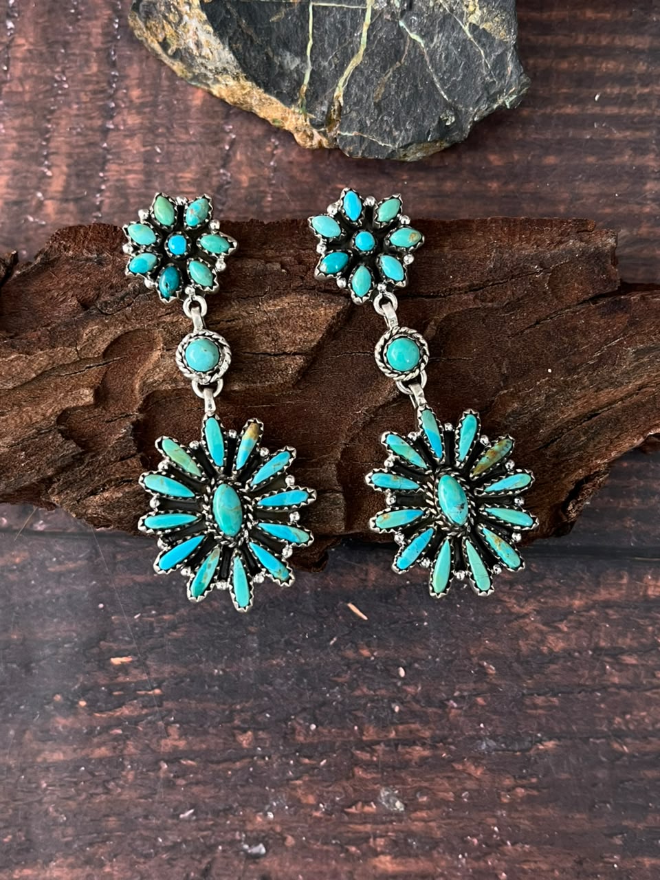 Handmade Sterling Silver Kingman Turquoise Post Dangle Earrings Signed Nizhoni