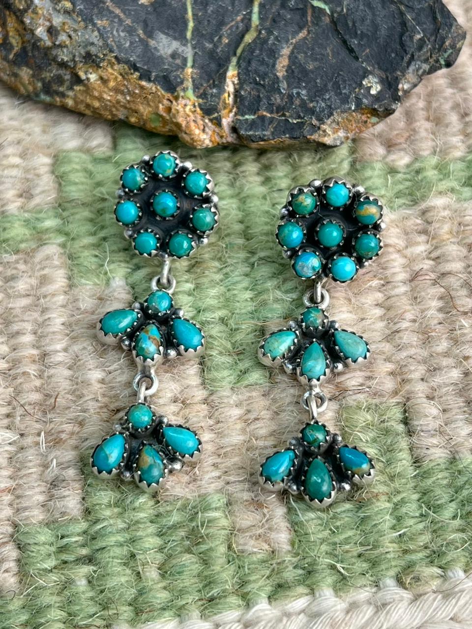 Handmade Sterling Silver Kingman Turquoise Post Dangle Earrings "Signed Nizhoni"