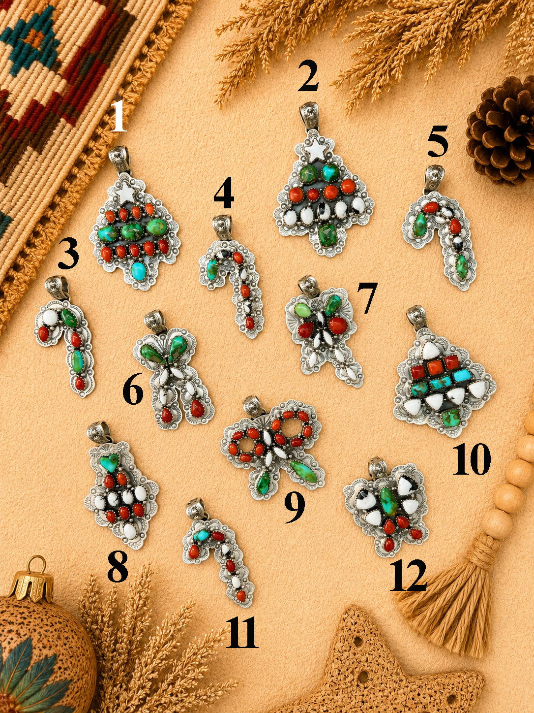 Handmade Sterling Silver Sonoran Mountain Turquoise with Coral and White Buffalo Christmas Ornaments Collection: Pendant Signed Nizhoni (9)