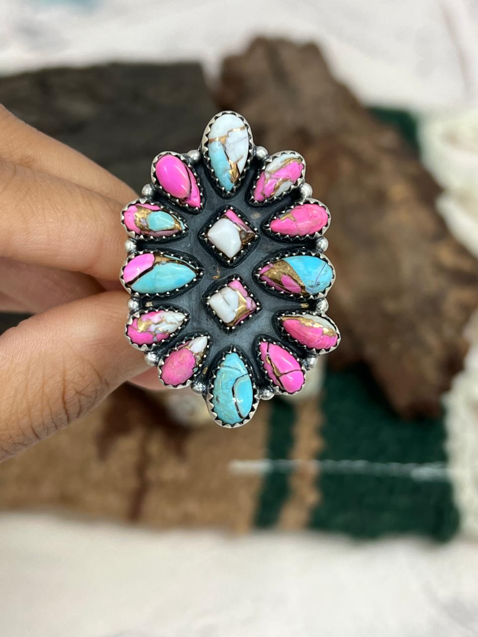 Handmade Sterling Silver Cotton Candy Turquoise Adjustable Ring with Signed Nizhoni