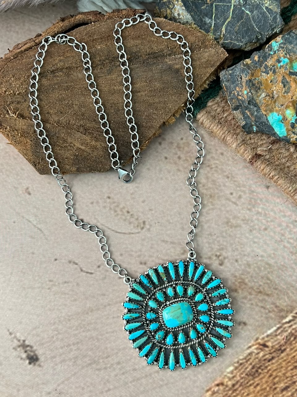 Handmade Sterling Silver Kingman Turquoise Necklace Signed Nizhoni