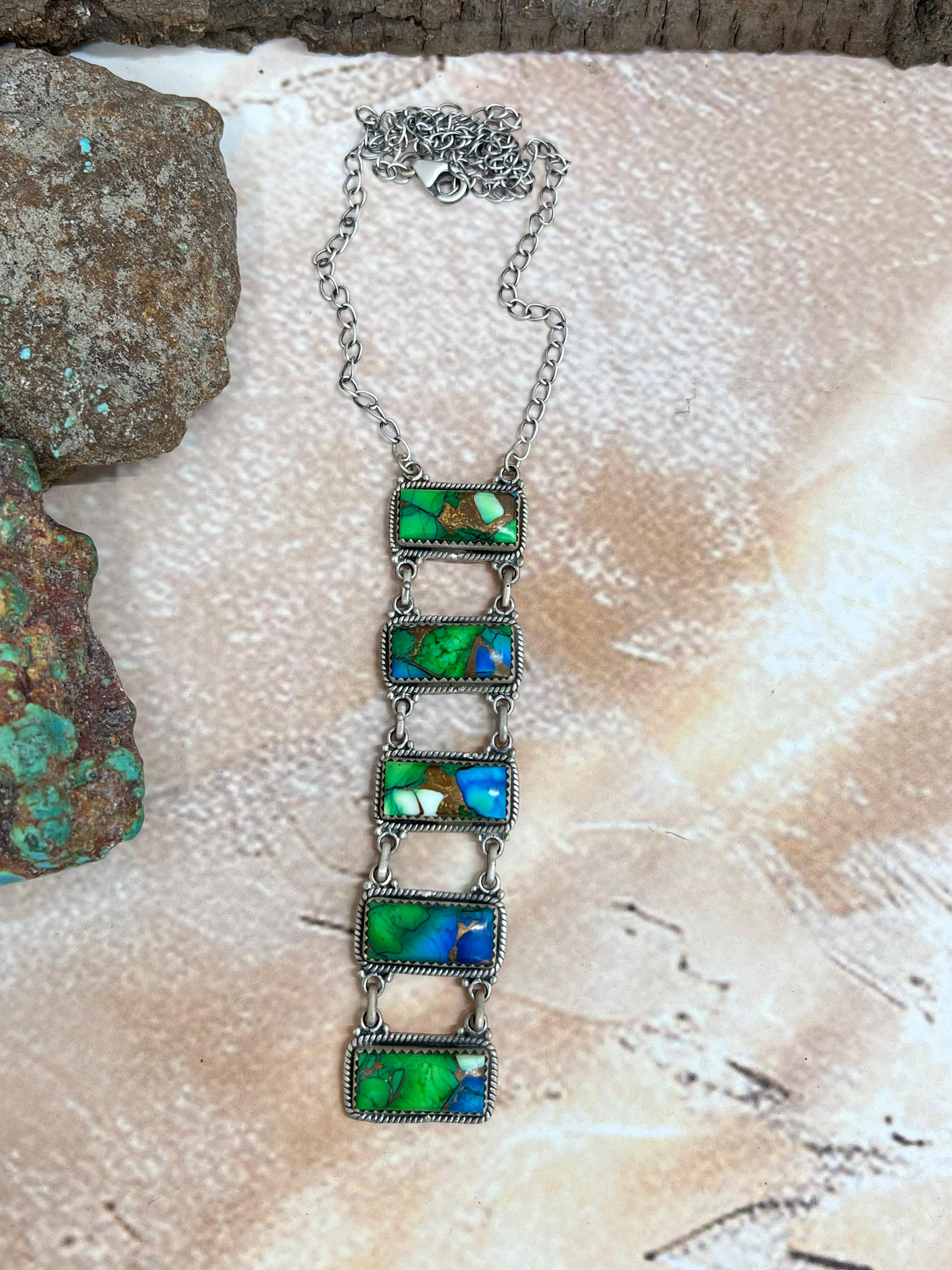 Handmade Sterling Silver Peacock Dahlia Stairs Style Necklace with Signed Nizhoni