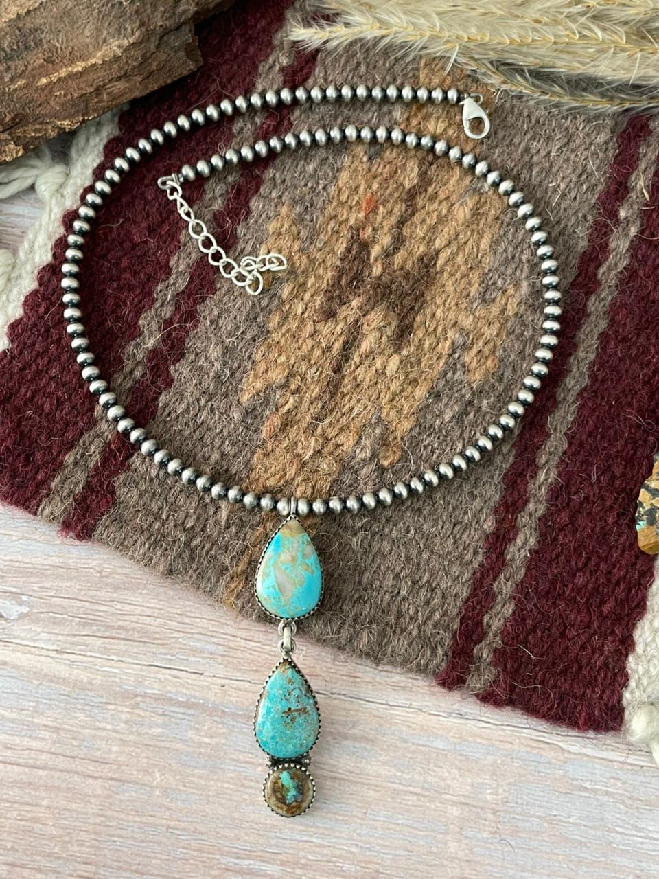 Handmade Sterling Silver Royston Ribbon Turquoise Beaded Necklace "Signed Nizhoni"