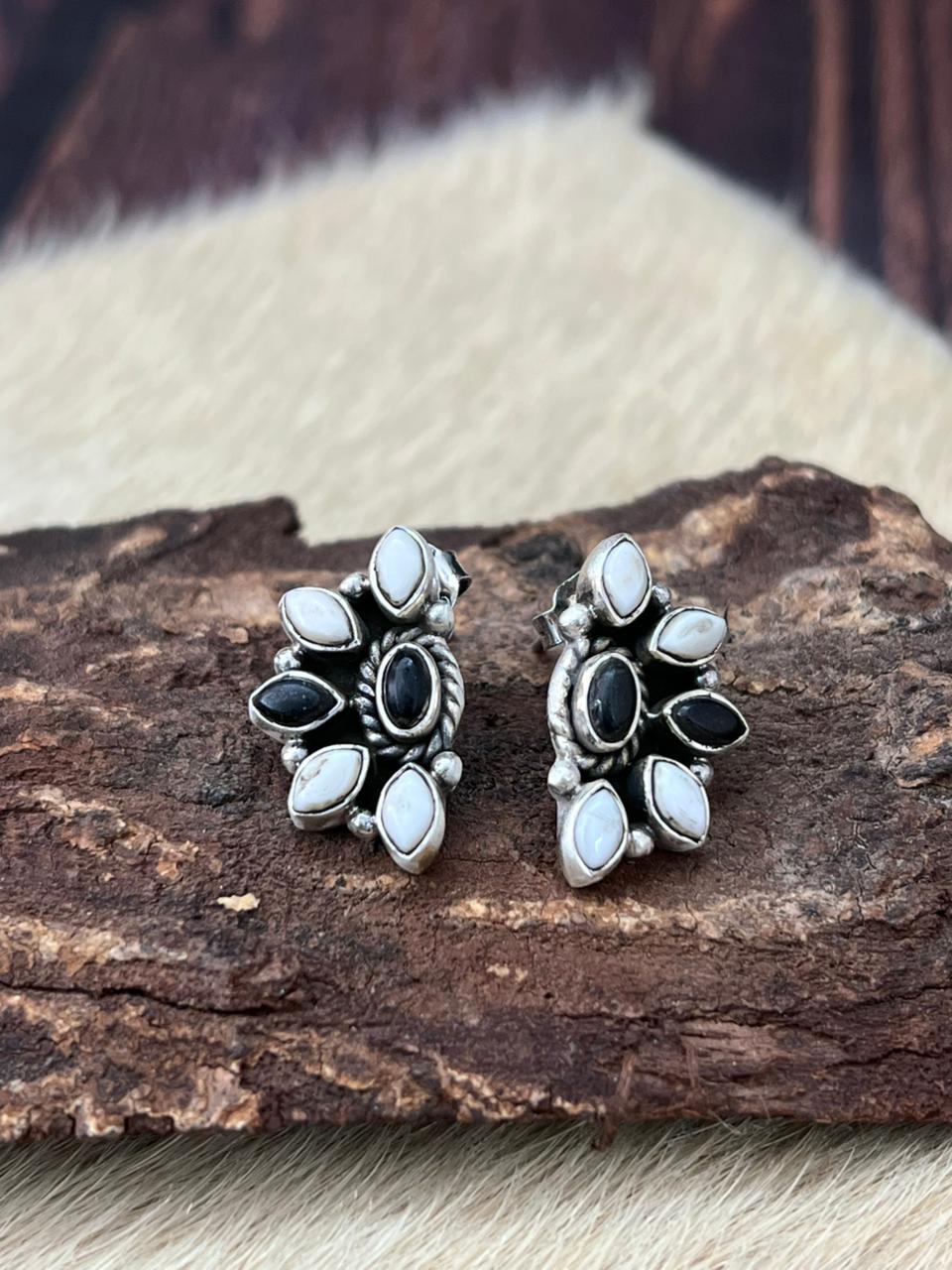 Handmade Sterling Silver White Buffalo Post Studs Earrings "Signed Nizhoni"