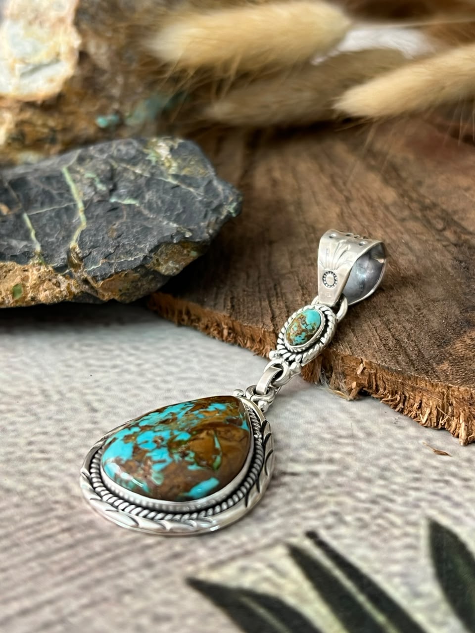 Handmade Sterling Silver Royston Ribbon Turquoise Pendant Signed Nizhoni