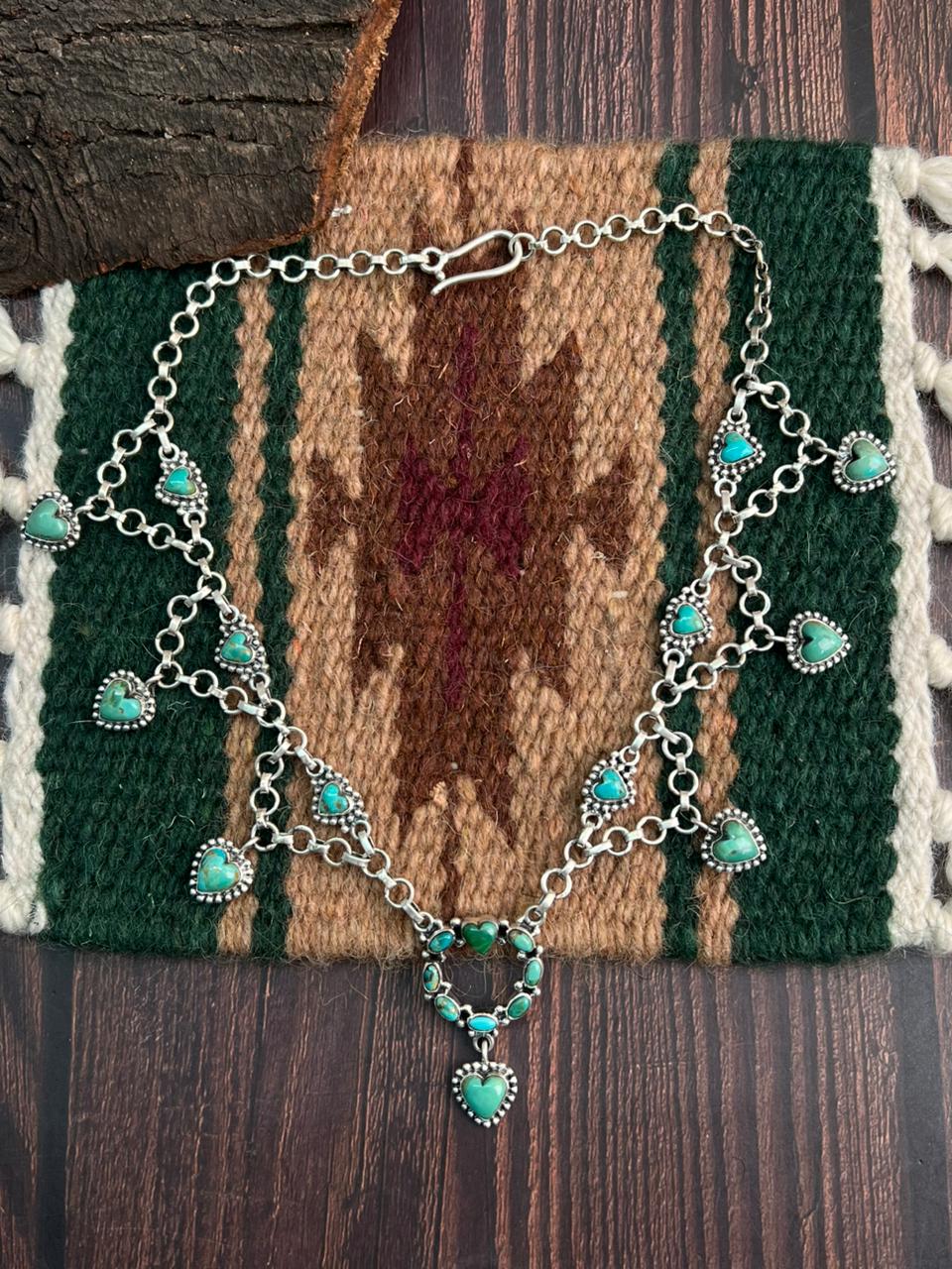 "Heart Collection" Handmade Sterling Silver Kingman Turquoise Necklace "Signed Nizhoni"