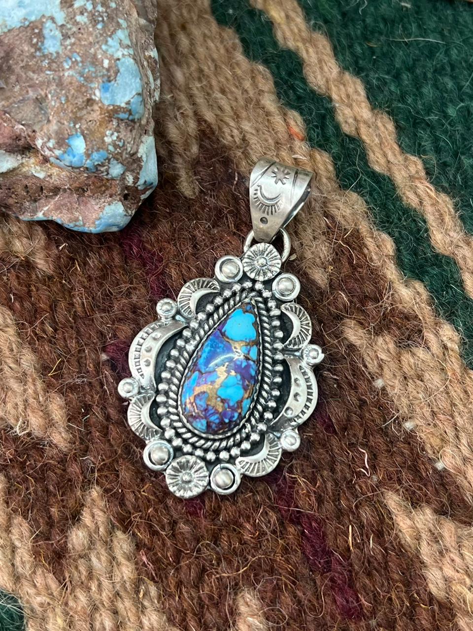 Handmade Sterling Silver Purple Copper Turquoise Pendant "Signed Nizhoni"