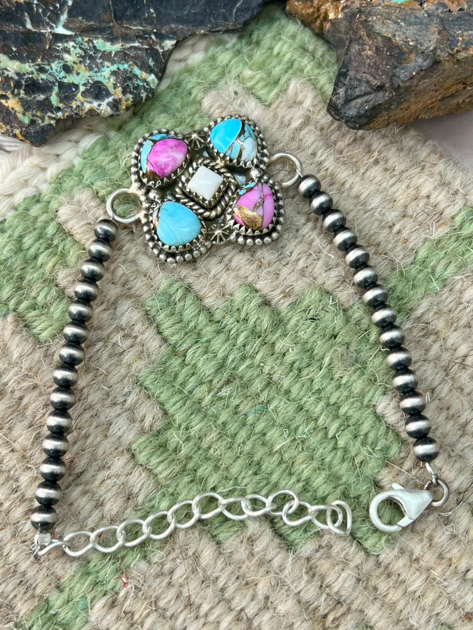 Handmade Sterling Silver Cotton Candy Beaded Chain Bracelet "Signed Nizhoni"