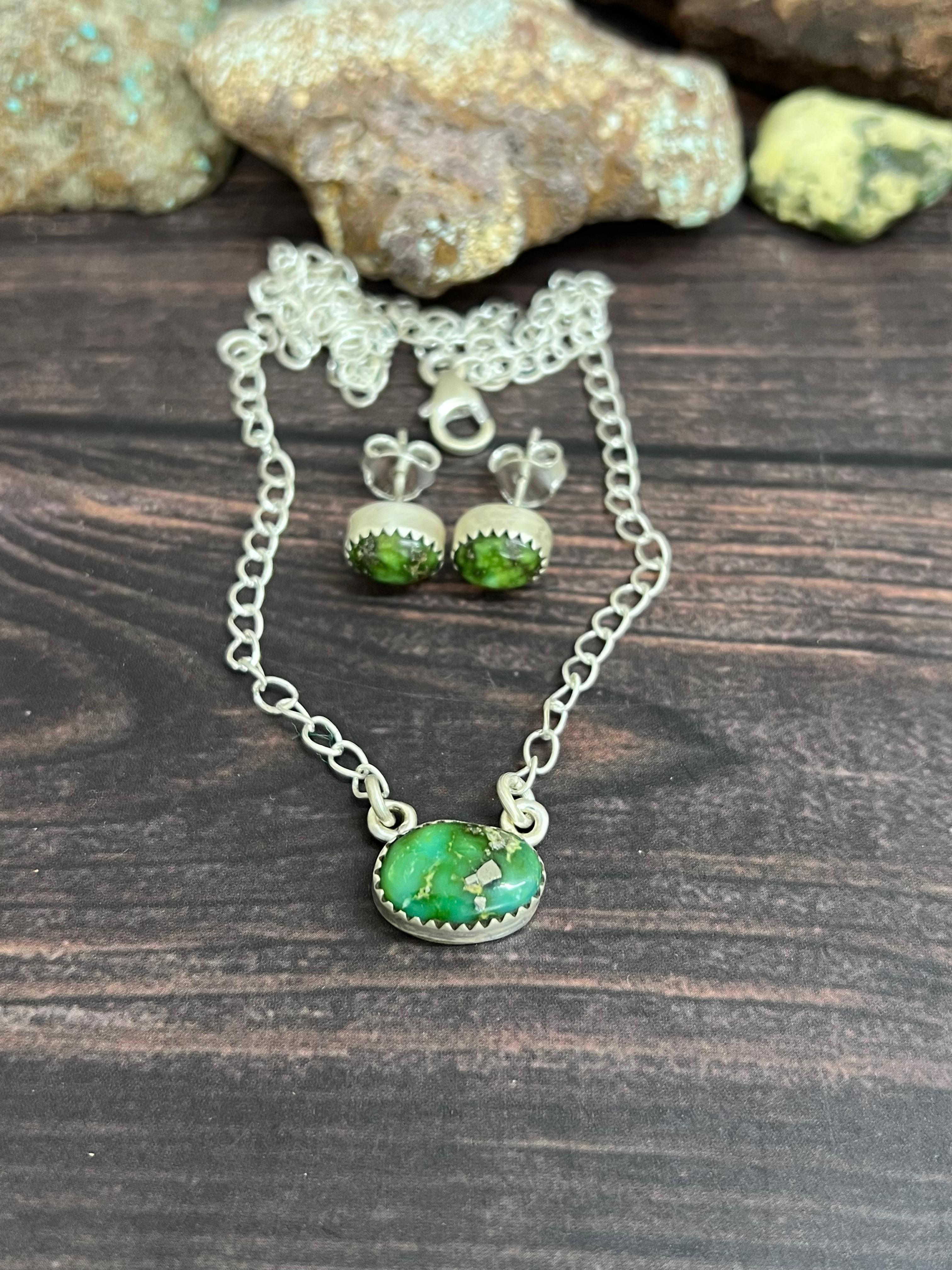 Handmade Sterling Silver Sonoran Mountain Turquoise Necklace Earrings Set with Signed Nizhoni