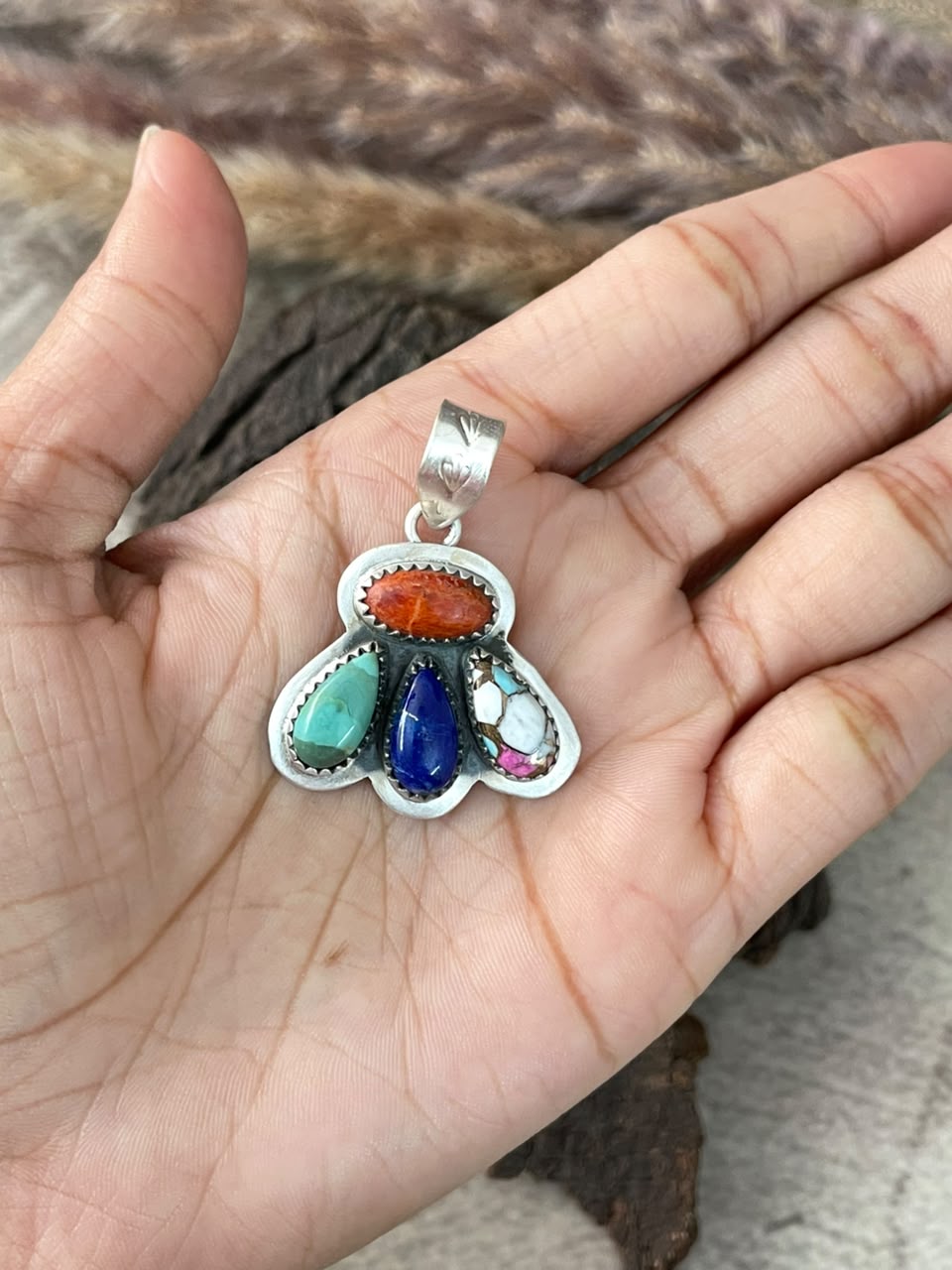 Handmade Sterling Silver Lapis with Cotton Candy, Kingman Turquoise and Orange Mojave Pendant Signed Nizhoni