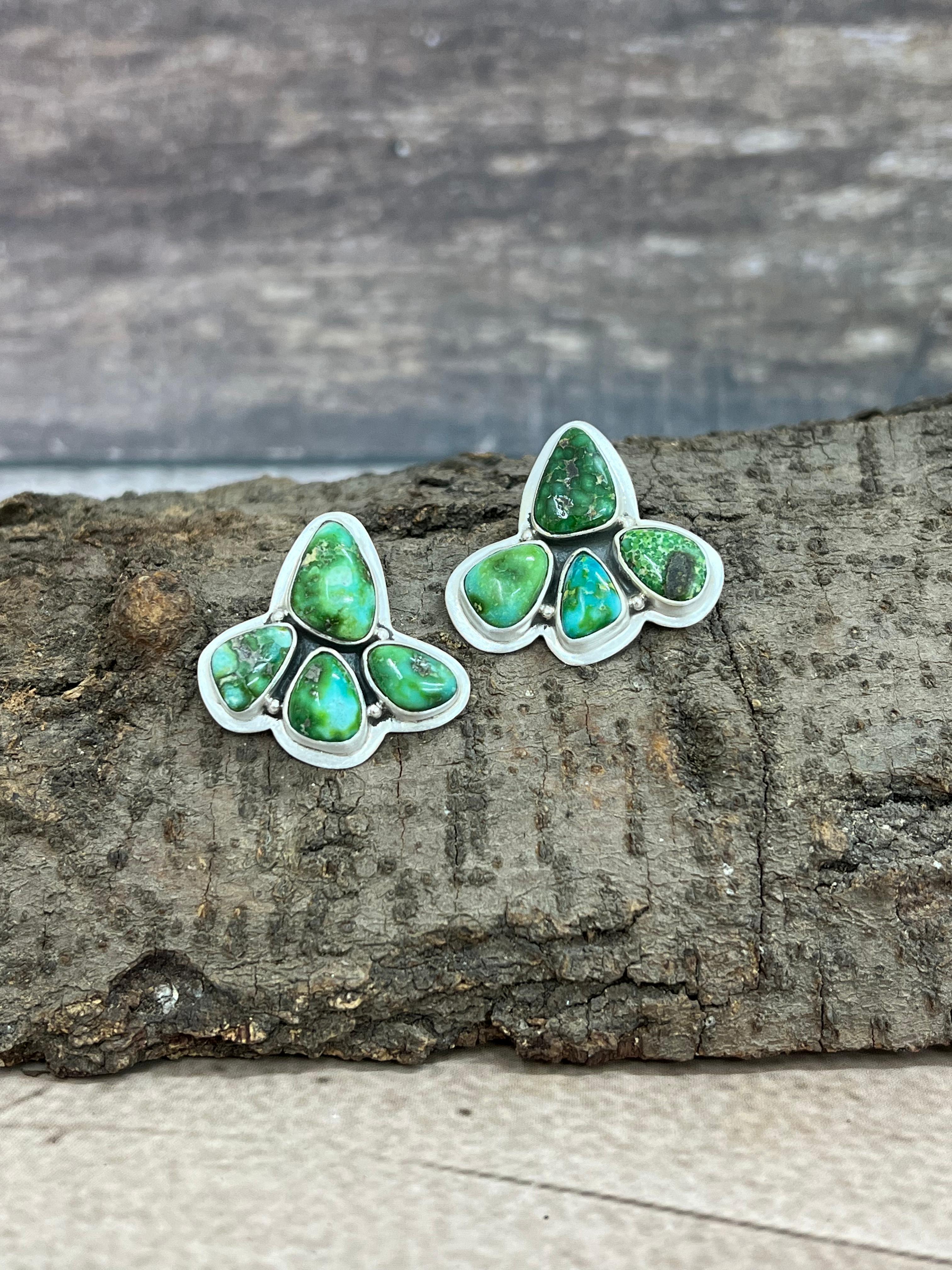 Handmade Sterling Silver Sonoran Mountain Turquoise Post Earrings with Signed Nizhoni