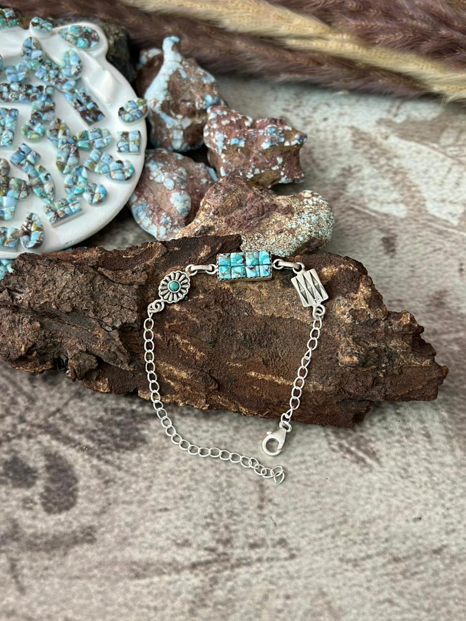 Handmade Sterling Silver Golden Hills Turquoise Cobble Collection Chain Bracelet "Signed Nizhoni"