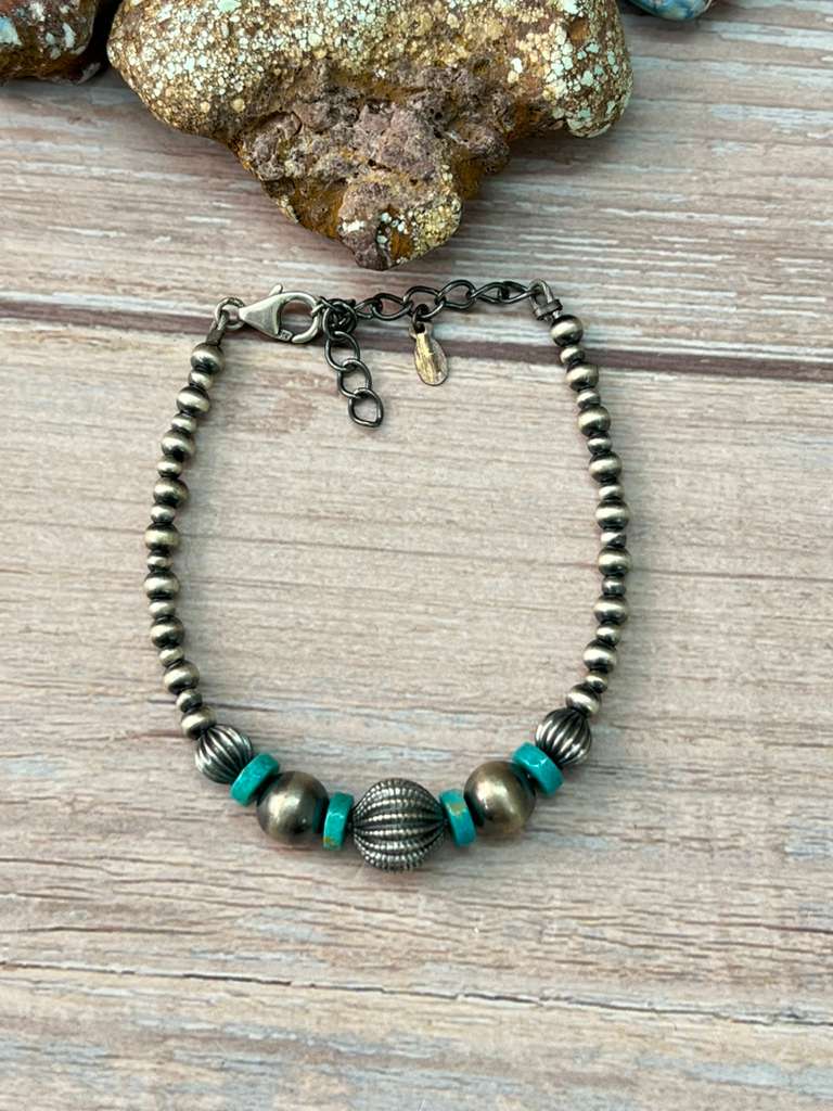 Handmade Sterling Silver Kingman Turquoise Beaded Bracelet "Signed Nizhoni"