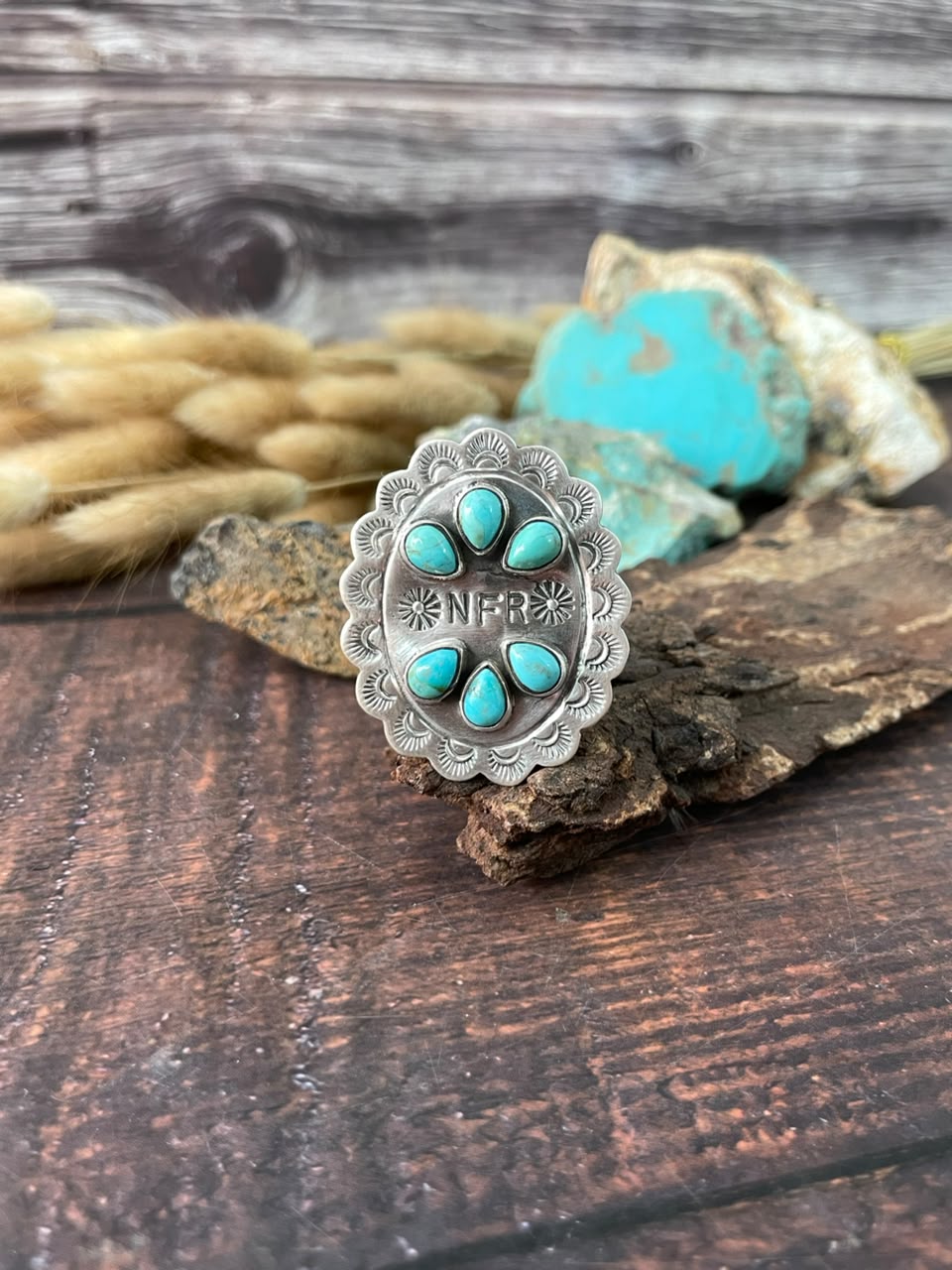 Handmade Sterling Silver Kingman Turquoise NFR Collection: Adjustable Ring Signed Nizhoni