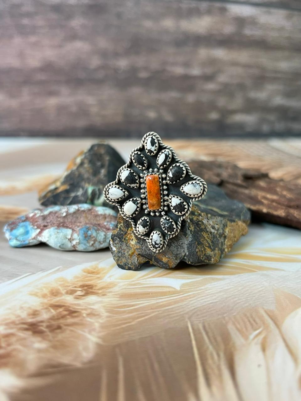 Handmade Sterling Silver White Buffalo with Orange Mojave Adjustable Ring "Signed Nizhoni"