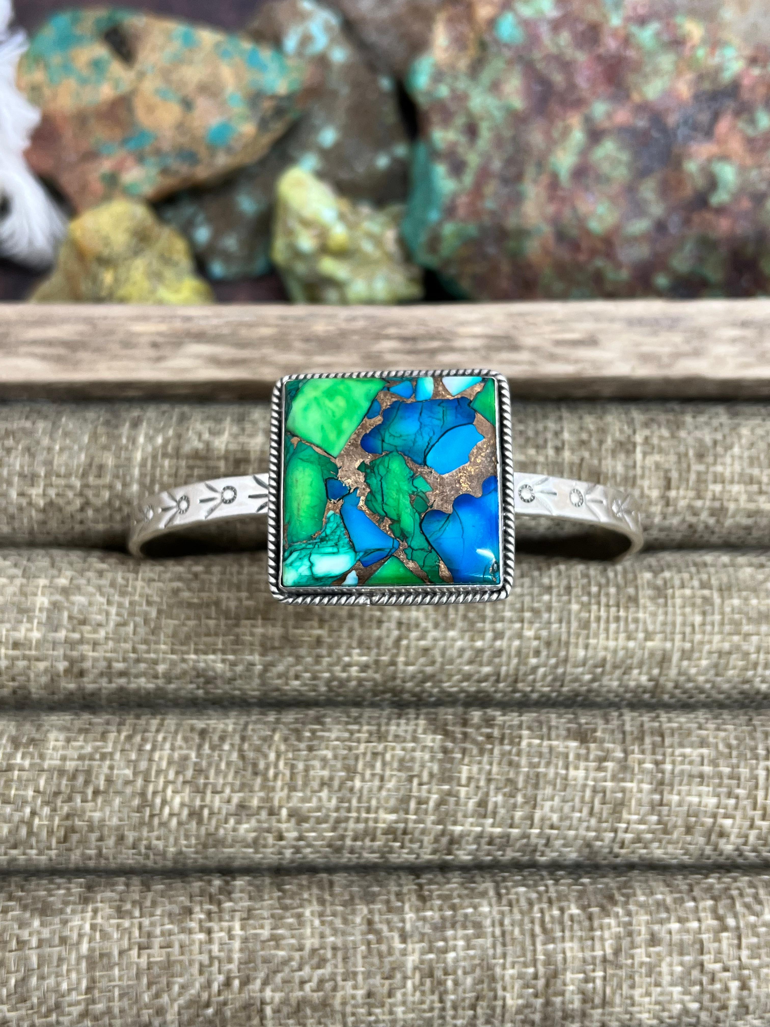 Handmade Sterling Silver Peacock Dahlia Cuff Bracelet with Signed Nizhoni