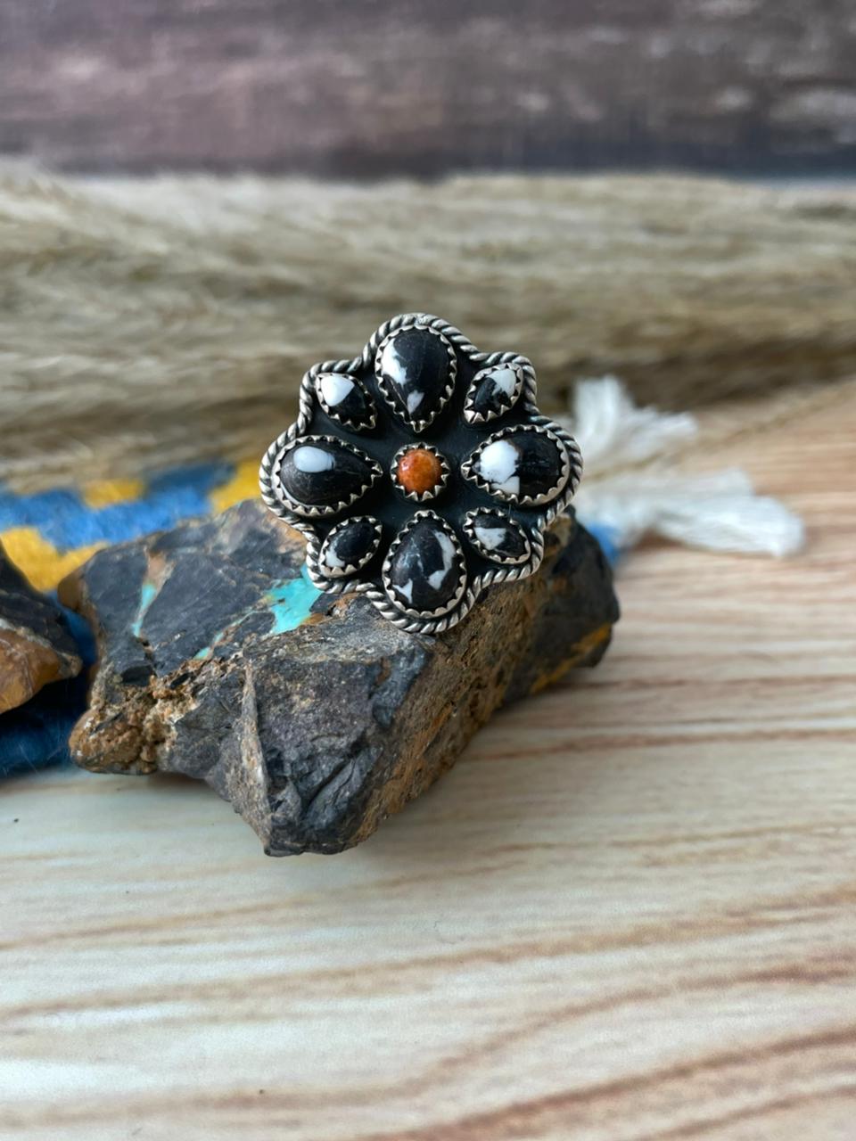 Handmade Sterling Silver White Buffalo with Orange Mojave Adjustable Ring "Signed Nizhoni"