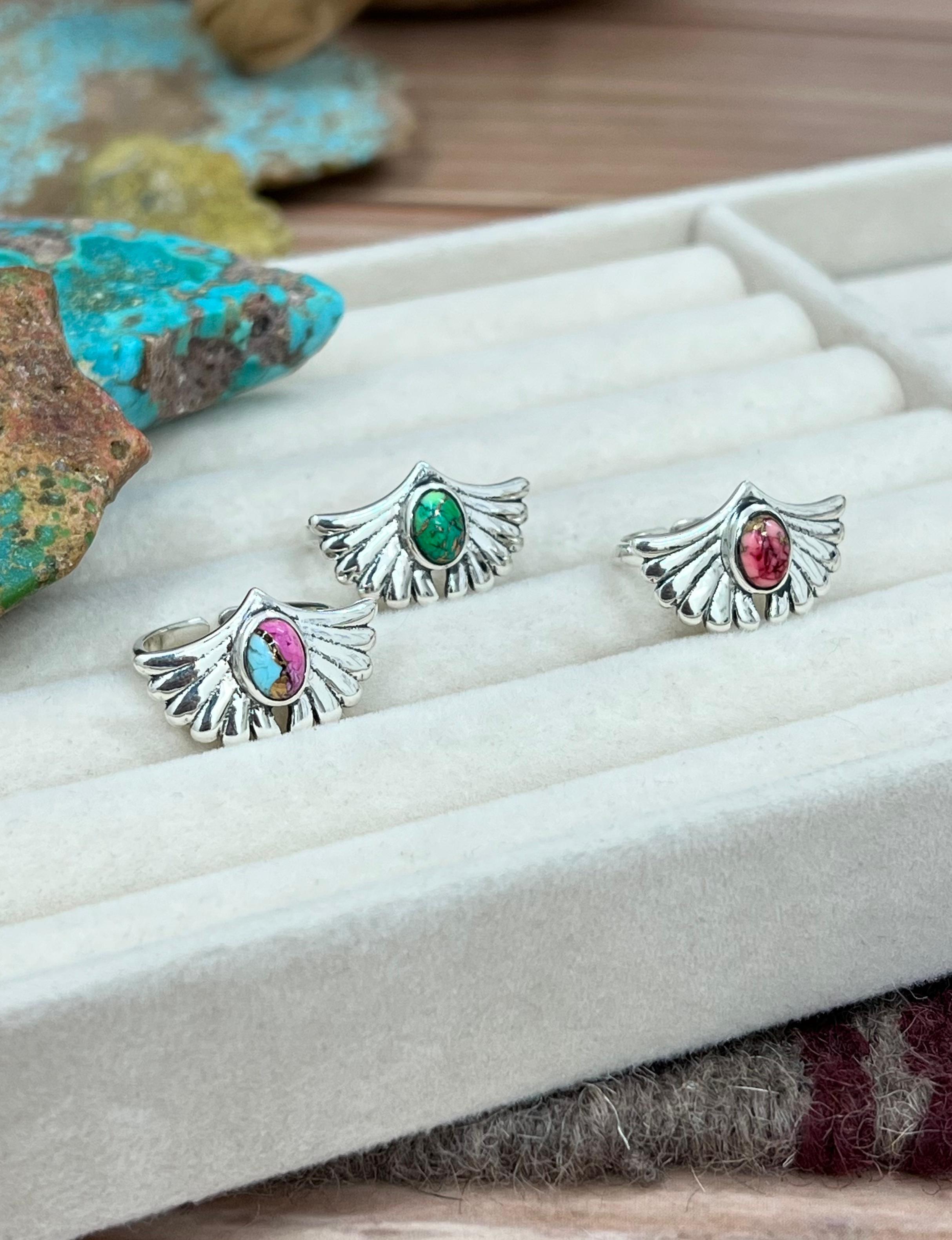 Handmade Sterling Silver Peacock Dahlia, Cotton Candy Turquoise, Dahlia Rose Adjustable Ring, Signed Nizhoni