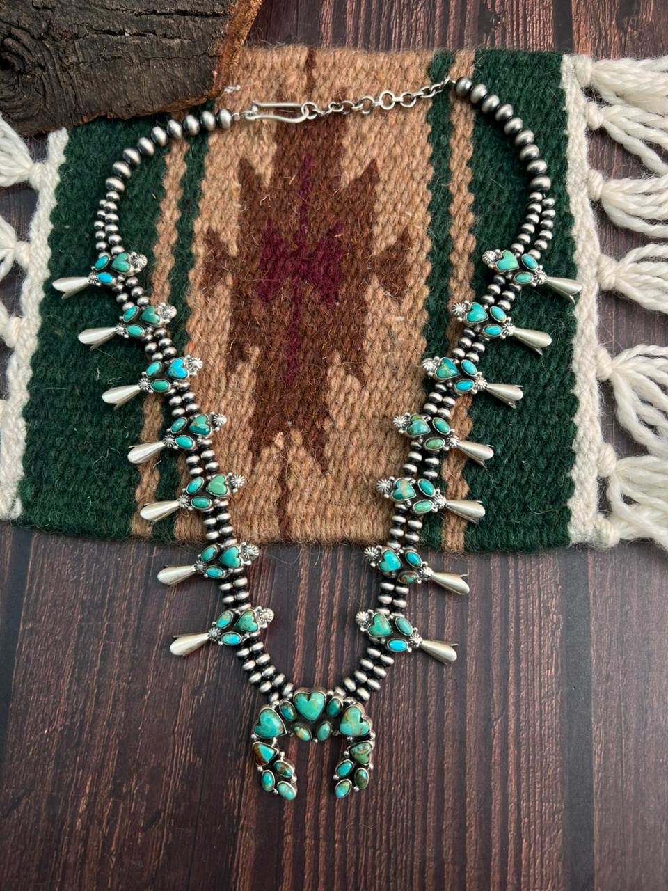 "Heart Collection" Handmade Sterling Silver Beaded Kingman Turquoise Squash Blossom Necklace "Signed Nizhoni"