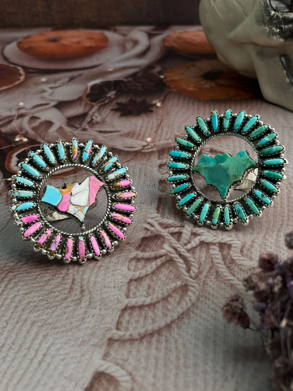 Handmade Sterling Silver Cotton Candy and Kingman Turquoise Halloween Collection: Adjustable Ring Signed Nizhoni