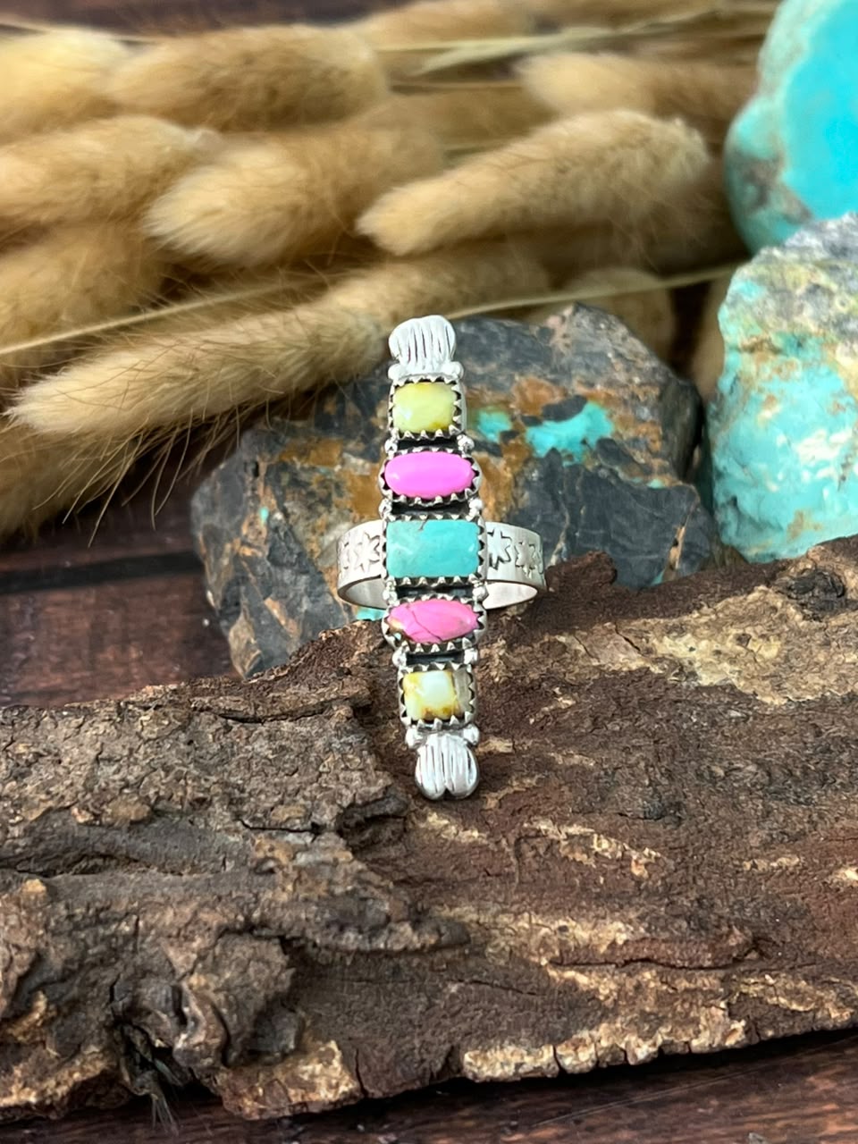 Handmade Sterling Silver Carico Lake with Palomino Turquoise and Cotton Candy Adjustable Ring Signed Nizhoni (7)