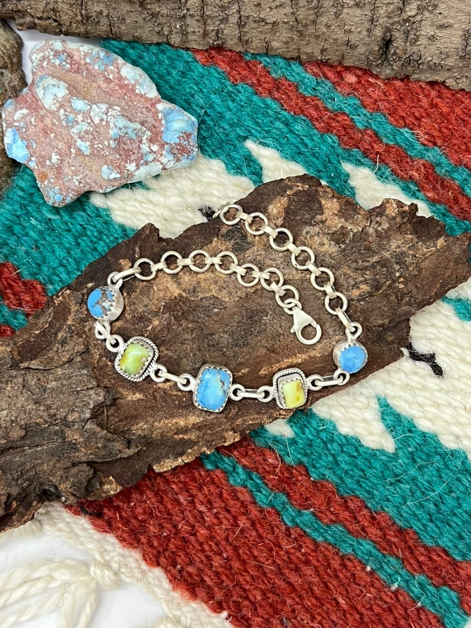 Handmade Sterling Silver Palomino with Golden Hills Turquoise Chain Bracelet "Signed Nizhoni"