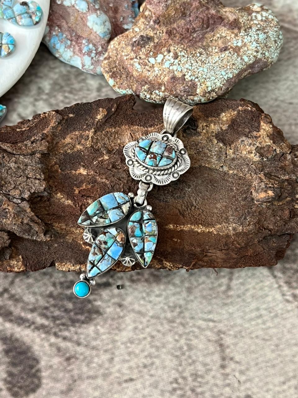 Handmade Sterling Silver Golden Hills Turquoise Cobble Collection Pendant "Signed Nizhoni"