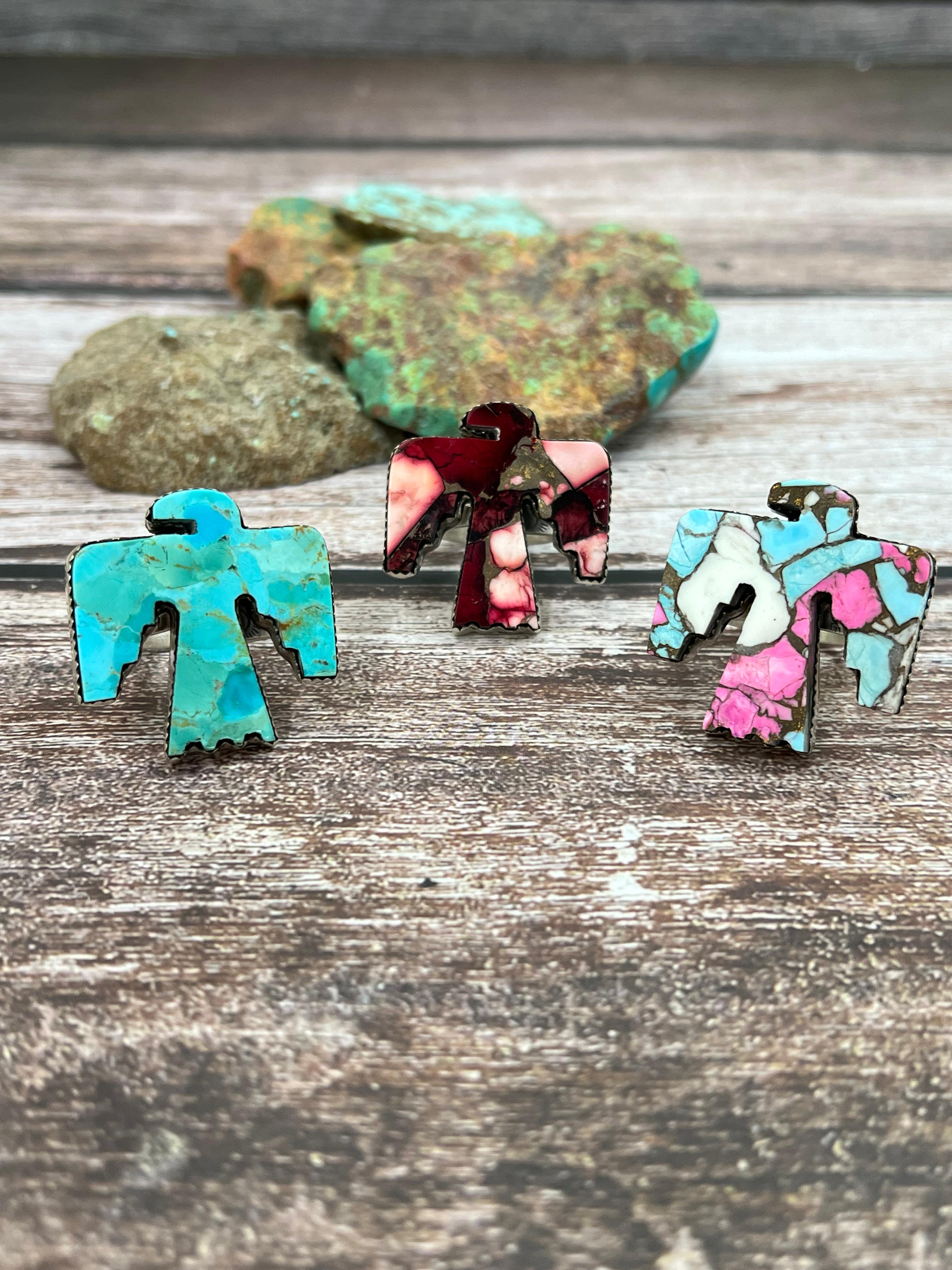 Handmade Sterling Silver Cotton Candy, Kingman Turquoise , Dahlia Rose Thunder Bird Adjustable Ring, Signed Nizhoni