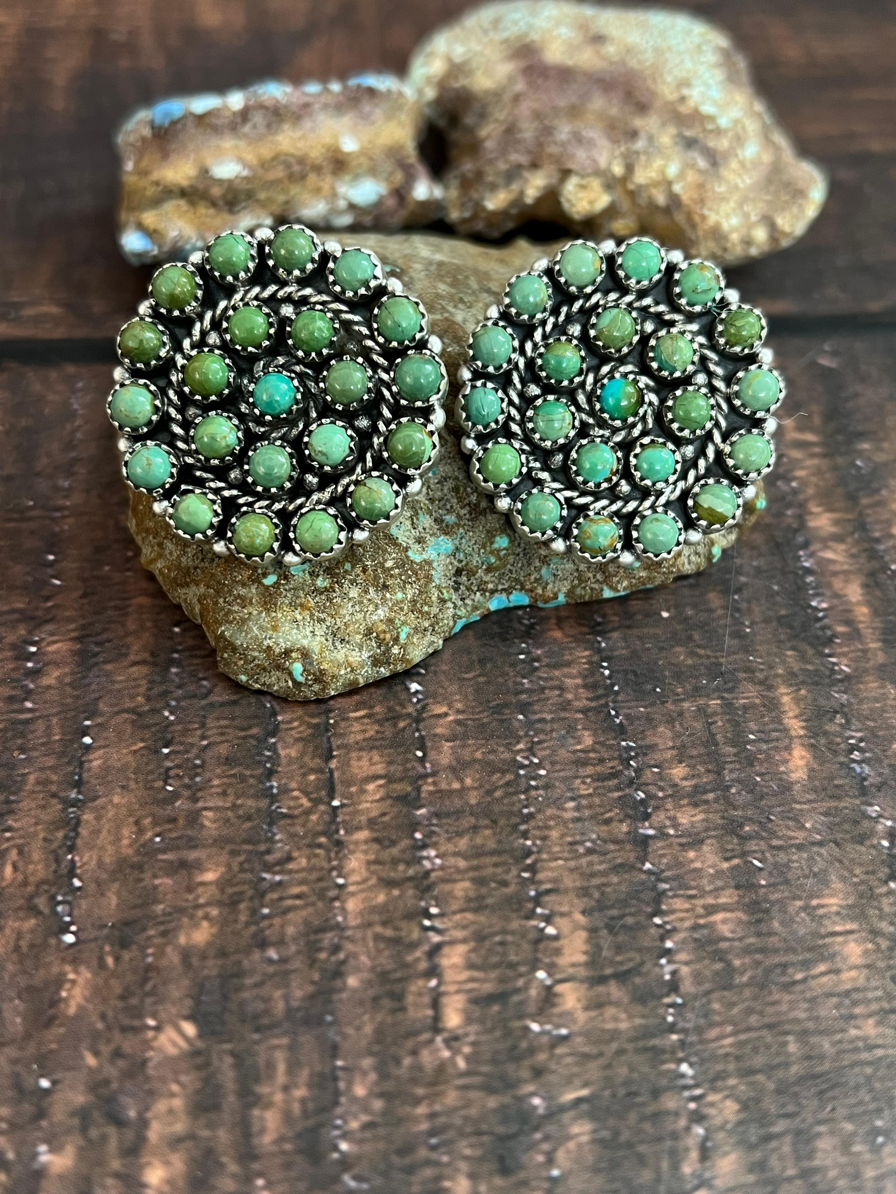 Handmade Sterling Silver Kingman Turquoise Studs with Signed Nizhoni