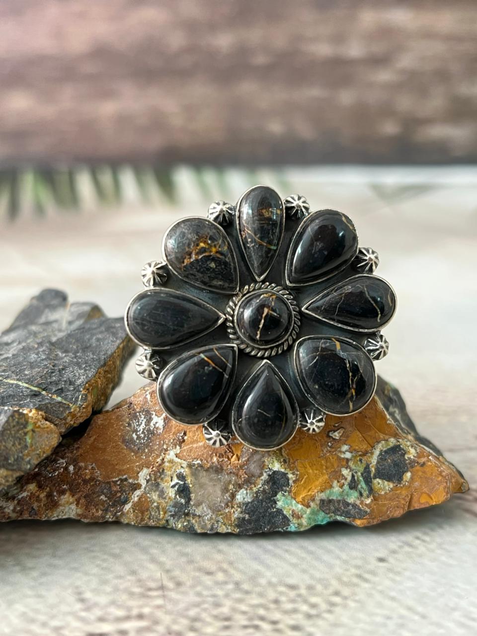 Handmade Sterling Silver Blackjack Turquoise Adjustable Ring " Signed Nizhoni"