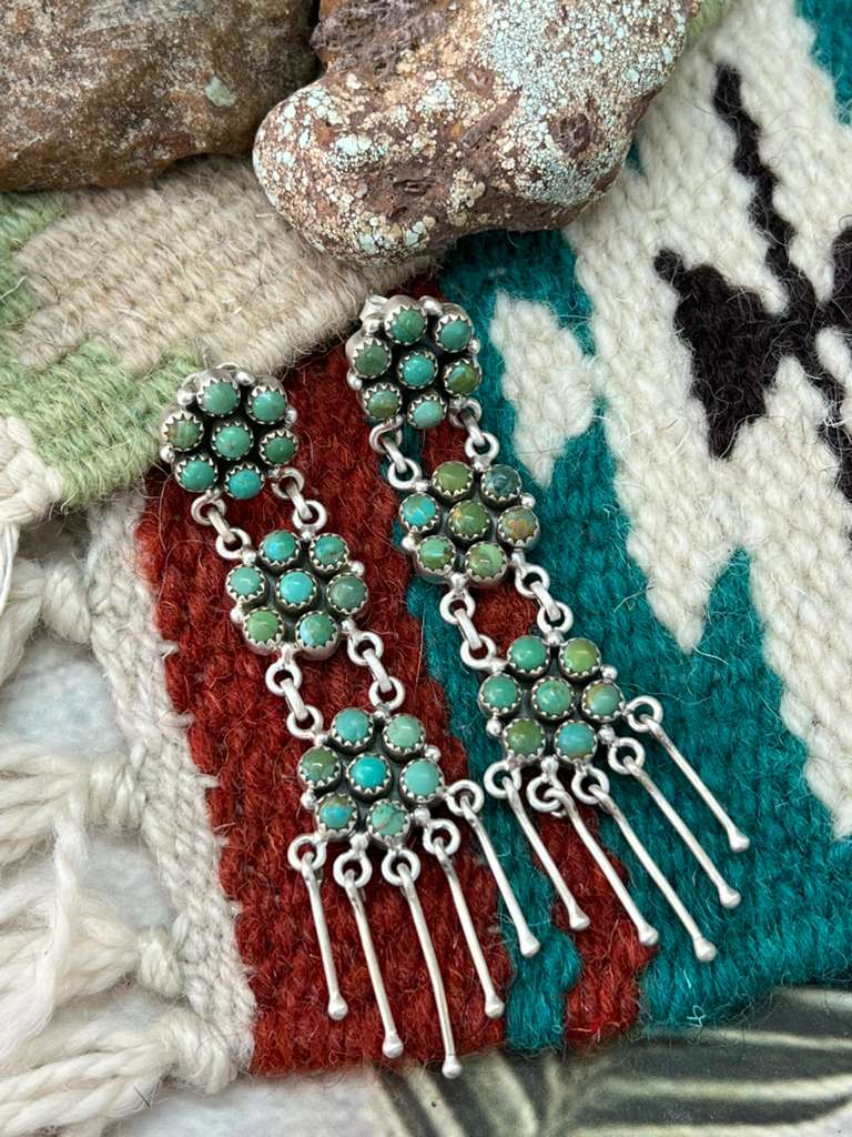 Handmade Sterling Silver Kingman Turquoise Post Dangle Earrings with Signed Nizhoni
