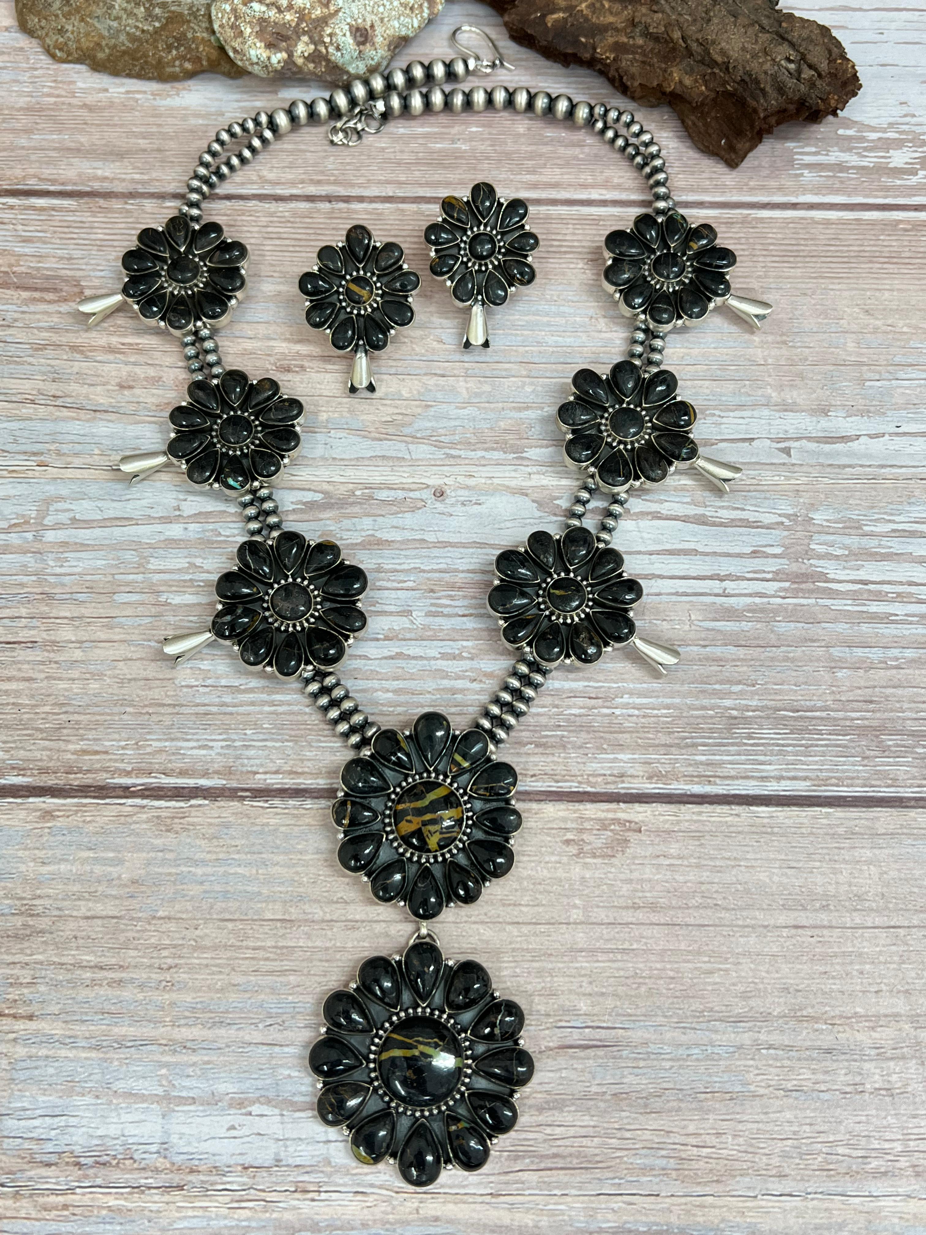 Handmade Sterling Silver Blackjack Turquoise Beaded Blossom Necklace Earrings Set with Signed Nizhoni