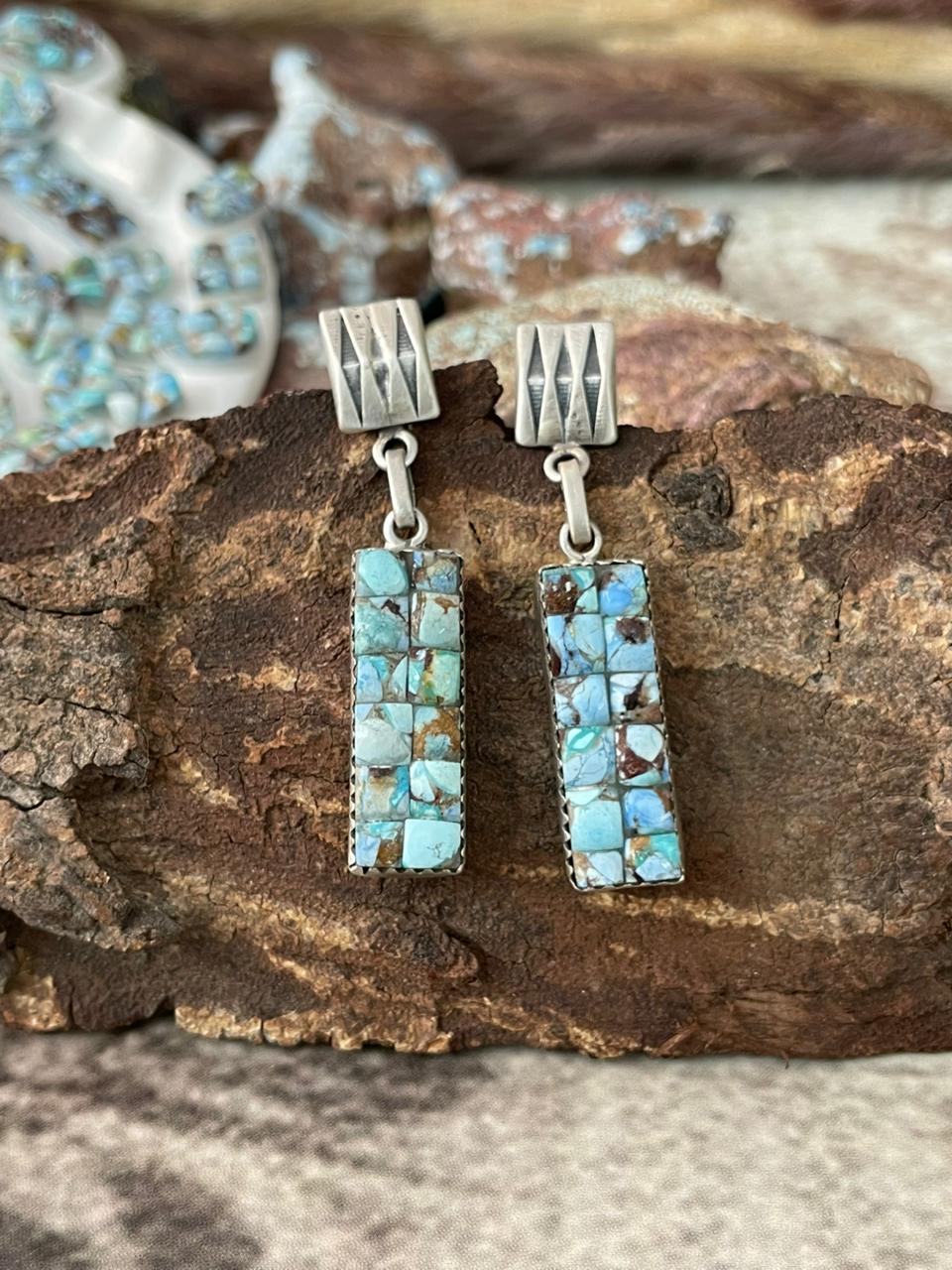 Handmade Sterling Silver Golden Hills Cobble Collection Post Dangle Earrings "Signed Nizhoni"