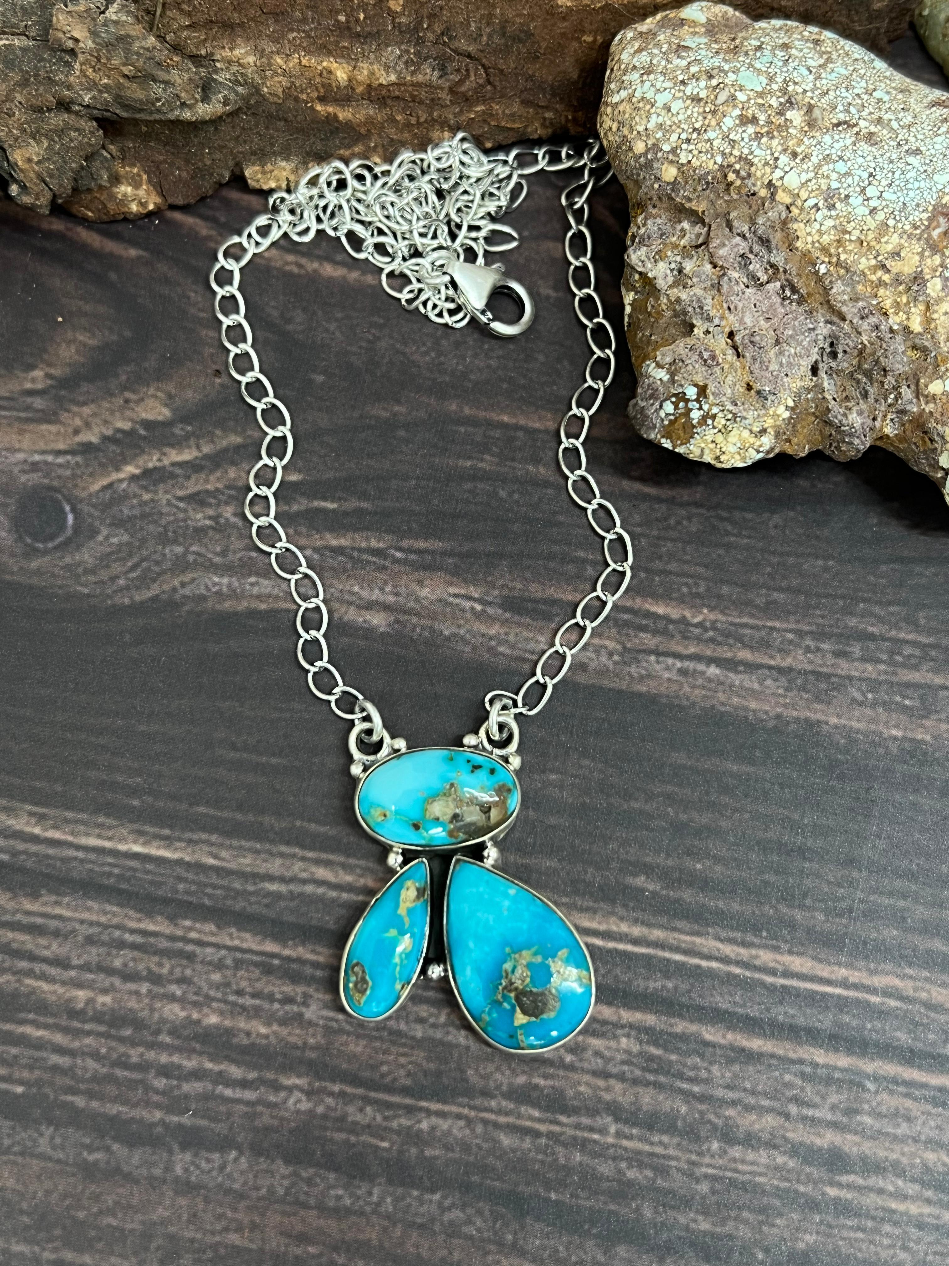 Handmade Sterling Silver South Hill Turquoise Necklace with Signed Nizhoni