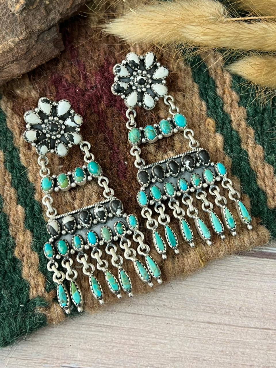 Handmade Sterling Silver Kingman Turquoise with White Buffalo Post Dangle Earrings "Signed Nizhoni"