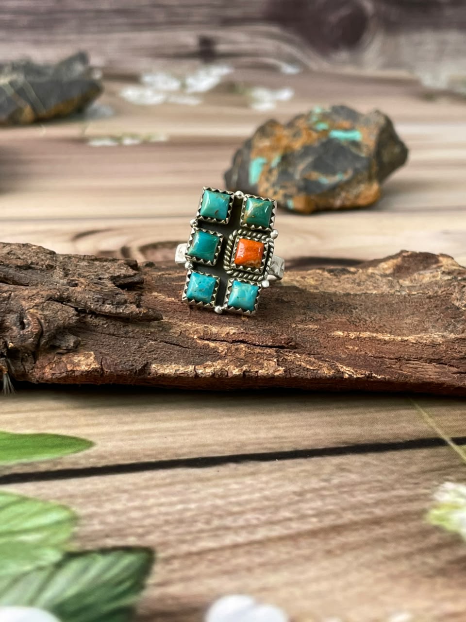 Handmade Sterling Silver Kingman Turquoise with Orange Mojave Adjustable Ring Signed Nizhoni