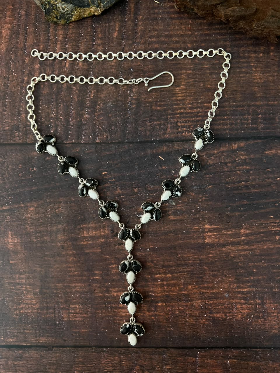 Handmade Sterling Silver White Buffalo 'Y Shaped' Necklace Signed Nizhoni