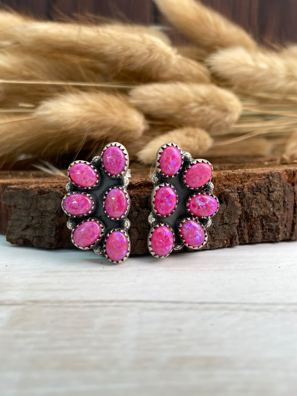 Handmade Sterling Silver Hot Pink Post Studs Earrings Signed Nizhoni