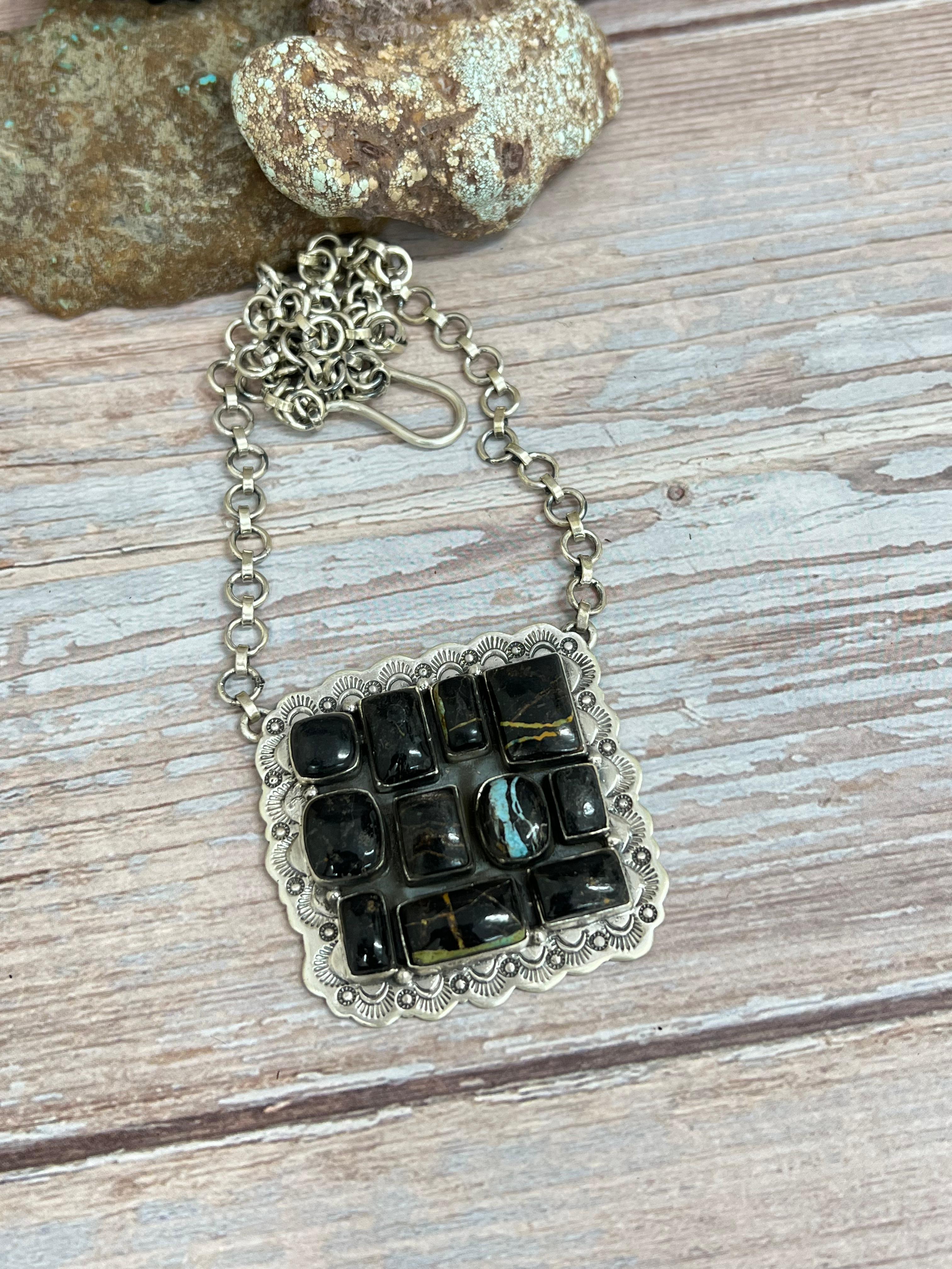 Handmade Sterling Silver Blackjack Turquoise Necklace with Signed Nizhoni