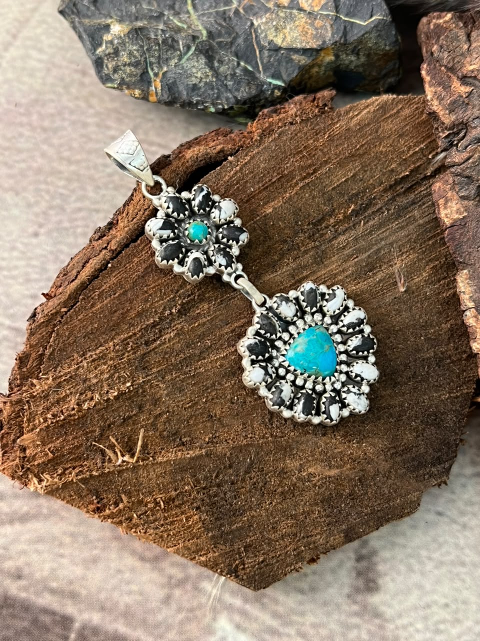 Handmade Sterling Silver Kingman Turquoise with White Buffalo Pendant Signed Nizhoni