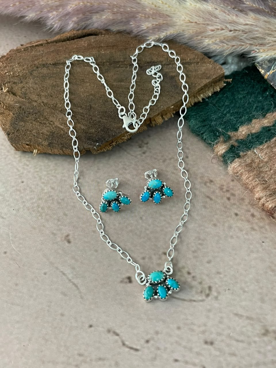 Handmade Sterling Silver Kingman Turquoise Necklace and Earrings Set Signed Nizhoni