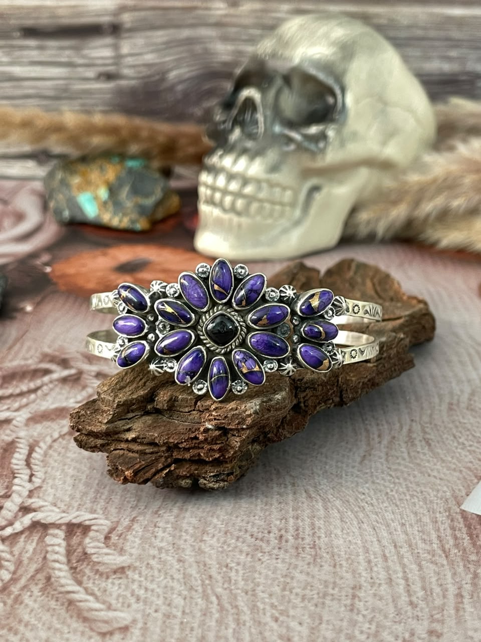 Handmade Sterling Silver Grape Dahlia with Black Onyx Halloween Collection: Cuff Bracelet Signed Nizhoni